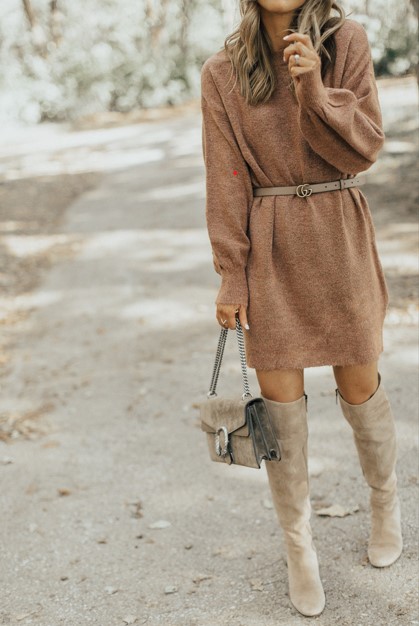 Sweater Dress Belt Bag Tall Boots